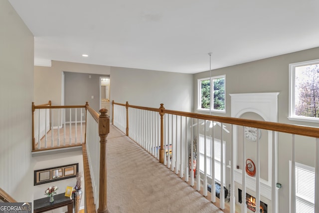 1812 Mountain Lake Dr NW, Kennesaw, GA 30152 - corridor featuring carpet, recessed lighting, and an upstairs landing