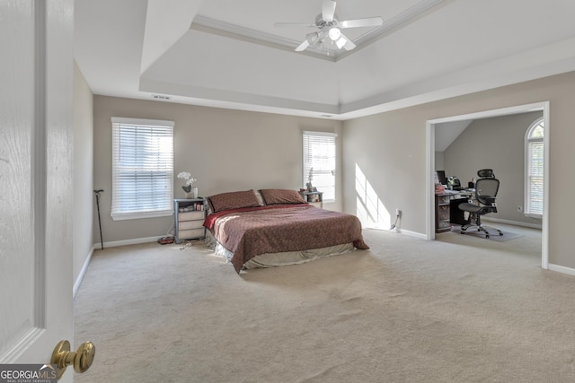 1812 Mountain Lake Dr NW, Kennesaw, GA 30152 - carpeted bedroom with an office area, a tray ceiling, and a ceiling fan
