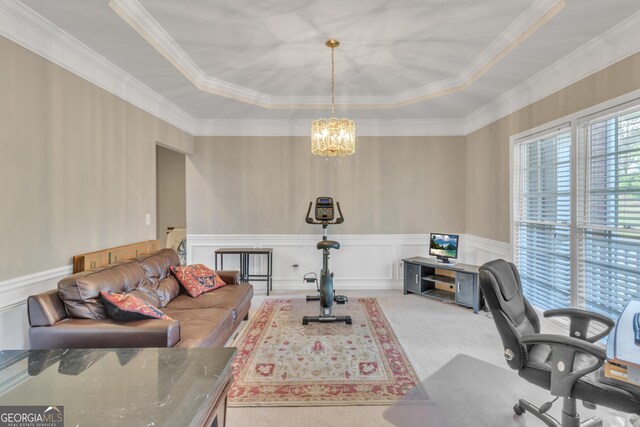 1812 Mountain Lake Dr NW, Kennesaw, GA 30152 - carpeted home office with a raised ceiling, a chandelier, a wainscoted wall, and ornamental molding