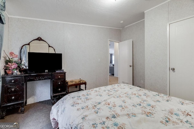 carpeted bedroom featuring crown molding
