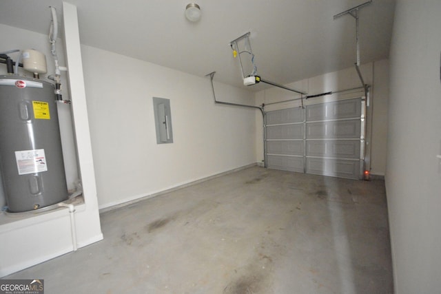 garage featuring a garage door opener, electric panel, and water heater