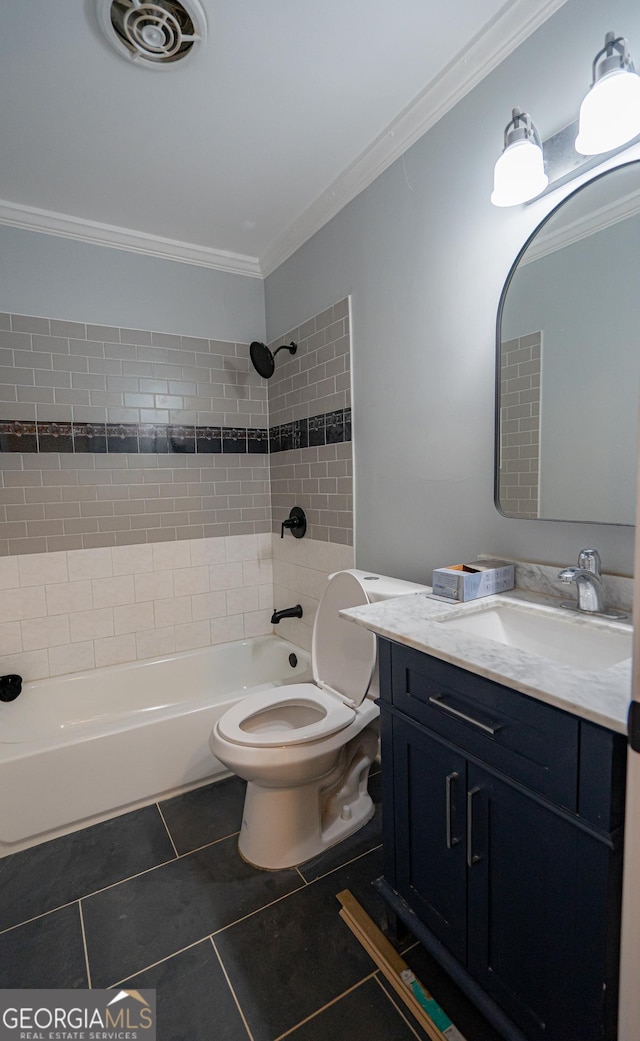 full bathroom featuring tile patterned flooring, visible vents, toilet, ornamental molding, and  shower combination