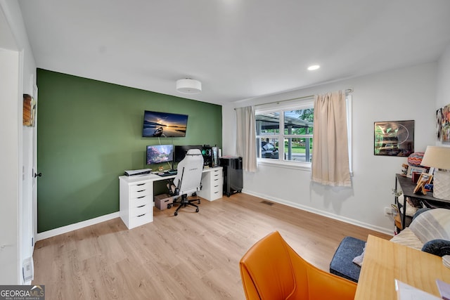 home office with visible vents, baseboards, wood finished floors, and recessed lighting