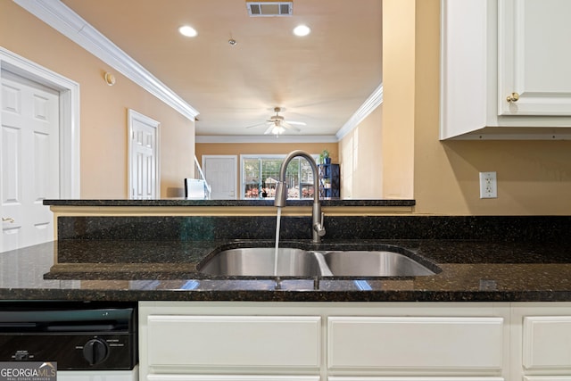 kitchen with white cabinetry, a sink, ornamental molding, and visible vents