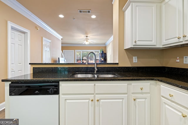 kitchen with crown molding, ceiling fan, visible vents, dishwasher, and a sink