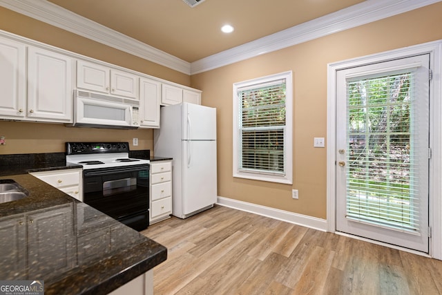 kitchen with crown molding, white cabinetry, white appliances, and light wood-type flooring
