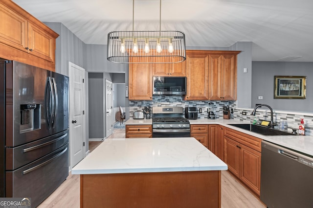 kitchen with brown cabinets, tasteful backsplash, a sink, and stainless steel appliances