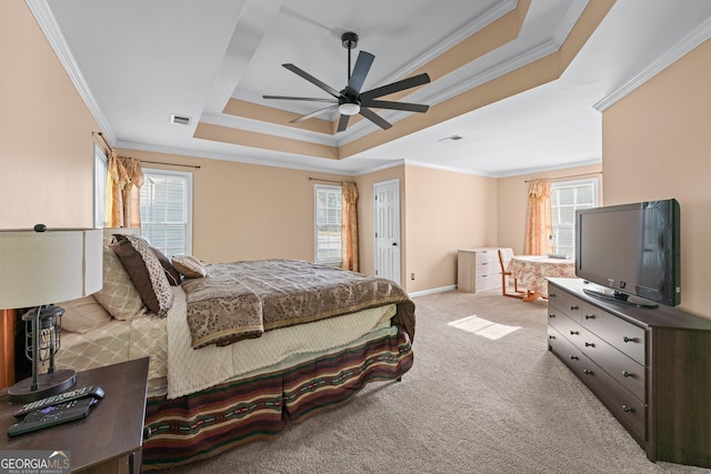carpeted bedroom with crown molding, visible vents, a raised ceiling, and multiple windows