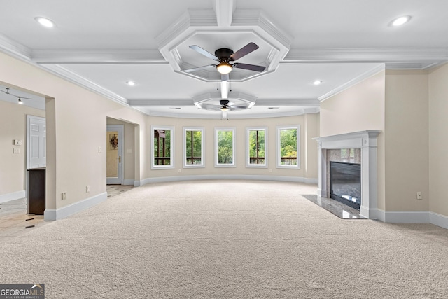 12 Arbor Shrs, Newnan, GA 30265 - unfurnished living room with carpet, ornamental molding, a ceiling fan, coffered ceiling, and recessed lighting
