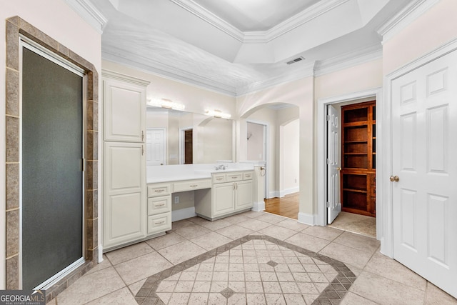 12 Arbor Shrs, Newnan, GA 30265 - full bathroom featuring inlaid floor details, a tray ceiling, vanity, and crown molding