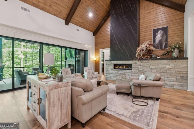 448 Golden Bear Pass, Dahlonega, GA 30533 - living room with high vaulted ceiling, a stone fireplace, wood finished floors, wood ceiling with exposed beams, and wooden walls
