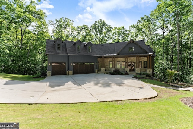 448 Golden Bear Pass, Dahlonega, GA 30533 - view of front of property with stone siding, a front yard, driveway, and covered porch