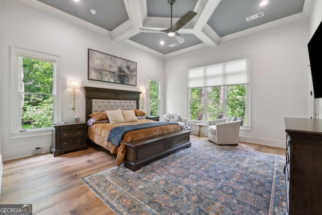448 Golden Bear Pass, Dahlonega, GA 30533 - bedroom featuring multiple windows, wood finished floors, coffered ceiling, baseboards, and beamed ceiling