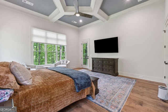 448 Golden Bear Pass, Dahlonega, GA 30533 - bedroom featuring coffered ceiling, wood finished floors, baseboards, access to exterior, and beam ceiling