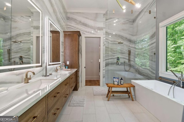448 Golden Bear Pass, Dahlonega, GA 30533 - full bathroom with double vanity, a freestanding tub, a marble finish shower, and tile patterned flooring