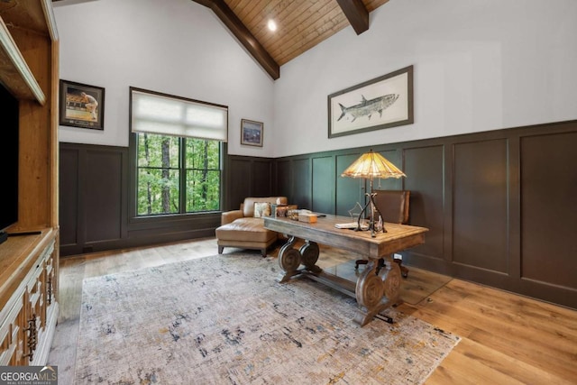 448 Golden Bear Pass, Dahlonega, GA 30533 - home office featuring a decorative wall, light wood-style flooring, wood ceiling with exposed beams, a wainscoted wall, and high vaulted ceiling
