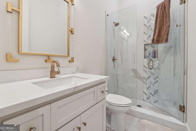 448 Golden Bear Pass, Dahlonega, GA 30533 - full bathroom featuring vanity, a marble finish shower, toilet, and marble finish floors