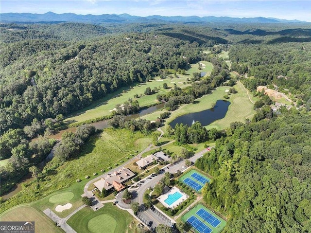 448 Golden Bear Pass, Dahlonega, GA 30533 - aerial overview of property's location featuring a forest, a water and mountain view, and a golf course