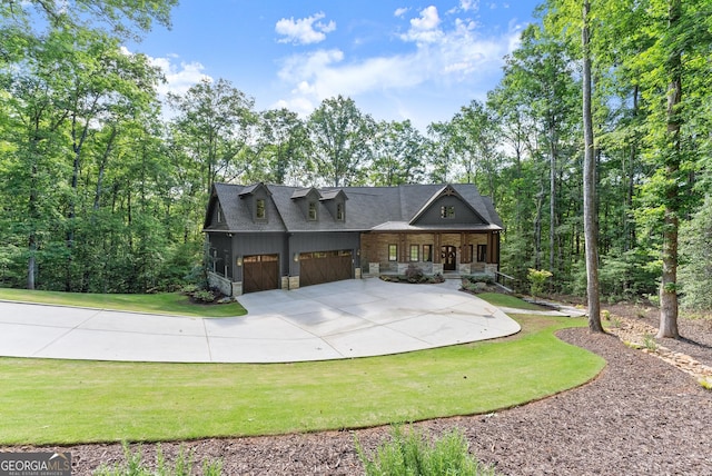 448 Golden Bear Pass, Dahlonega, GA 30533 - view of front of property featuring concrete driveway, stone siding, a front yard, covered porch, and a garage