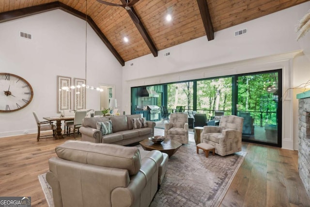448 Golden Bear Pass, Dahlonega, GA 30533 - living area featuring high vaulted ceiling, wooden ceiling with exposed beams, wood-type flooring, and baseboards
