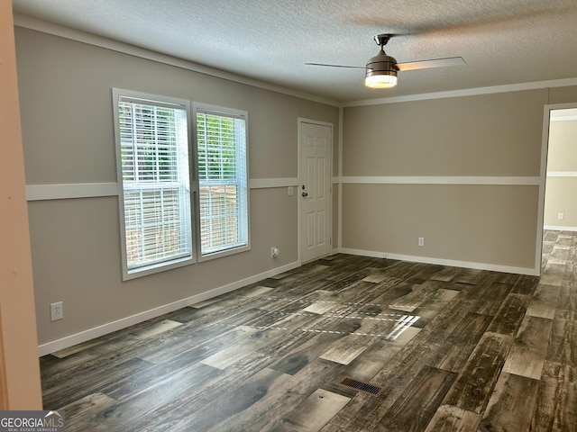 unfurnished room featuring wood finished floors, visible vents, baseboards, a textured ceiling, and ceiling fan