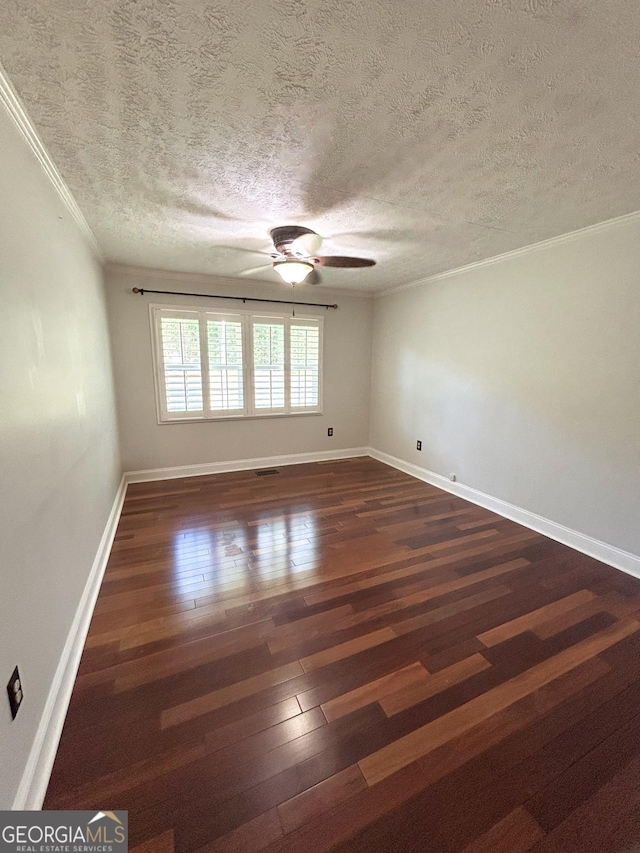 3411 Ponderosa Rd, Portal, GA 30450 - empty room with crown molding, a ceiling fan, dark wood-type flooring, and a textured ceiling