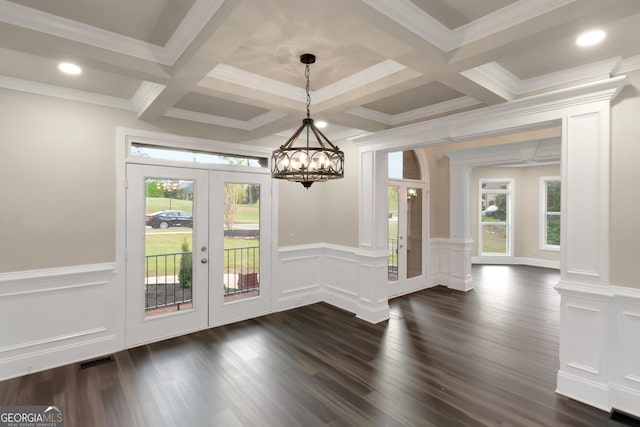 6048 Golf View Xing, Locust Grove, GA 30248 - unfurnished dining area featuring french doors, a chandelier, plenty of natural light, beamed ceiling, and coffered ceiling