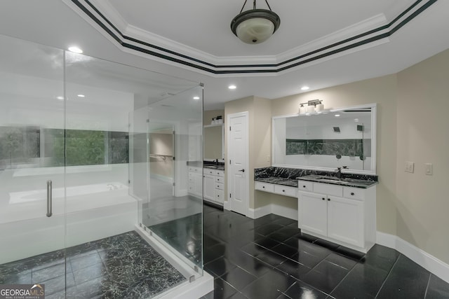 6048 Golf View Xing, Locust Grove, GA 30248 - full bathroom with crown molding, a shower stall, vanity, recessed lighting, and a tray ceiling