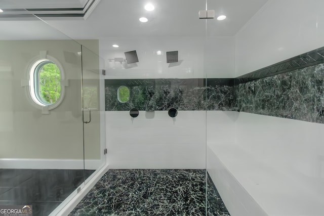6048 Golf View Xing, Locust Grove, GA 30248 - bathroom with a stall shower, marble finish flooring, and recessed lighting