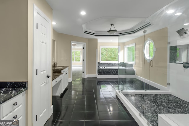 6048 Golf View Xing, Locust Grove, GA 30248 - full bath featuring vanity, a bath, a stall shower, tile patterned flooring, and a raised ceiling