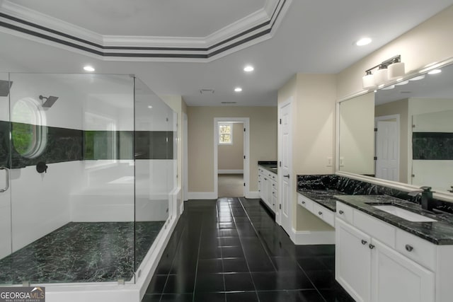 6048 Golf View Xing, Locust Grove, GA 30248 - full bathroom featuring ornamental molding, a shower stall, vanity, recessed lighting, and tile patterned floors