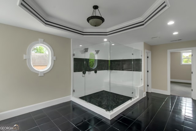 6048 Golf View Xing, Locust Grove, GA 30248 - full bath with recessed lighting, a shower stall, tile patterned floors, a raised ceiling, and ornamental molding