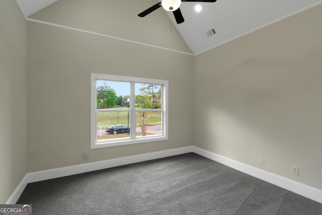 6048 Golf View Xing, Locust Grove, GA 30248 - unfurnished room with ceiling fan, dark carpet, and high vaulted ceiling