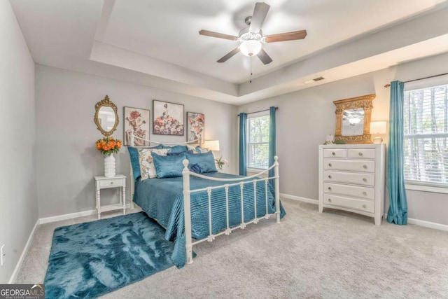 1302 Gardenia Ct, Villa Rica, GA 30180 - carpeted bedroom featuring a tray ceiling, baseboards, and multiple windows