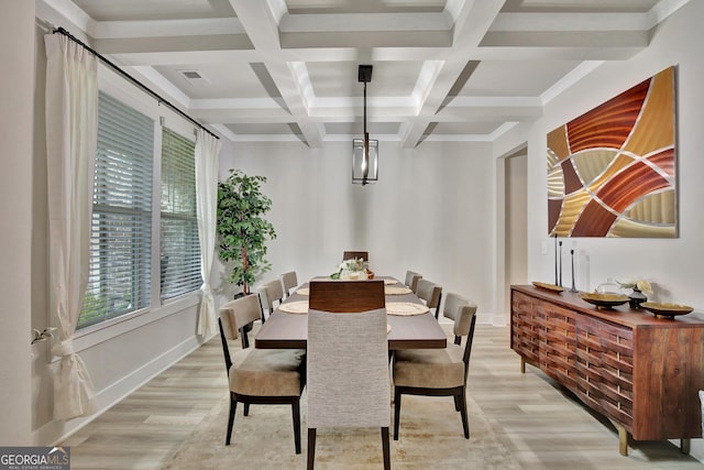 196 Saddleridge Trl, Senoia, GA 30276 - dining space with visible vents, light wood-type flooring, beam ceiling, and a healthy amount of sunlight