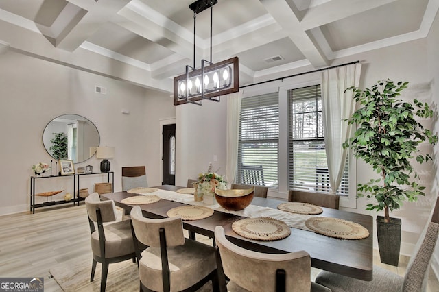 196 Saddleridge Trl, Senoia, GA 30276 - dining room with visible vents, beamed ceiling, light wood-style flooring, and coffered ceiling