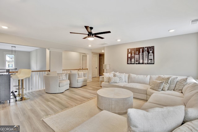 196 Saddleridge Trl, Senoia, GA 30276 - living room with recessed lighting, light wood-style flooring, visible vents, and a ceiling fan