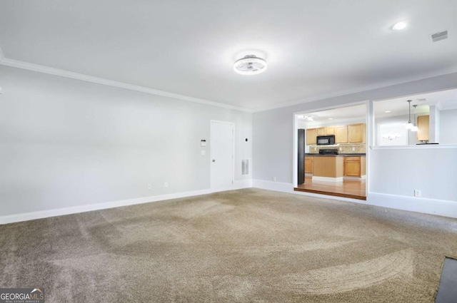 unfurnished living room with light carpet, visible vents, baseboards, and ornamental molding