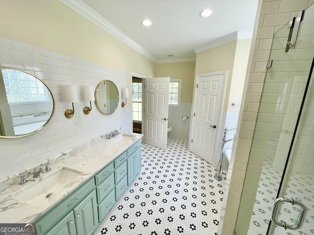 293 N Avery Rd NW, Rome, GA 30165 - full bathroom with tile walls, a bath, a sink, a shower stall, and crown molding