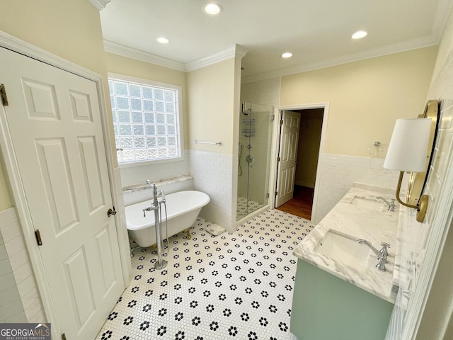 293 N Avery Rd NW, Rome, GA 30165 - full bath with a stall shower, tile walls, crown molding, and a freestanding bath