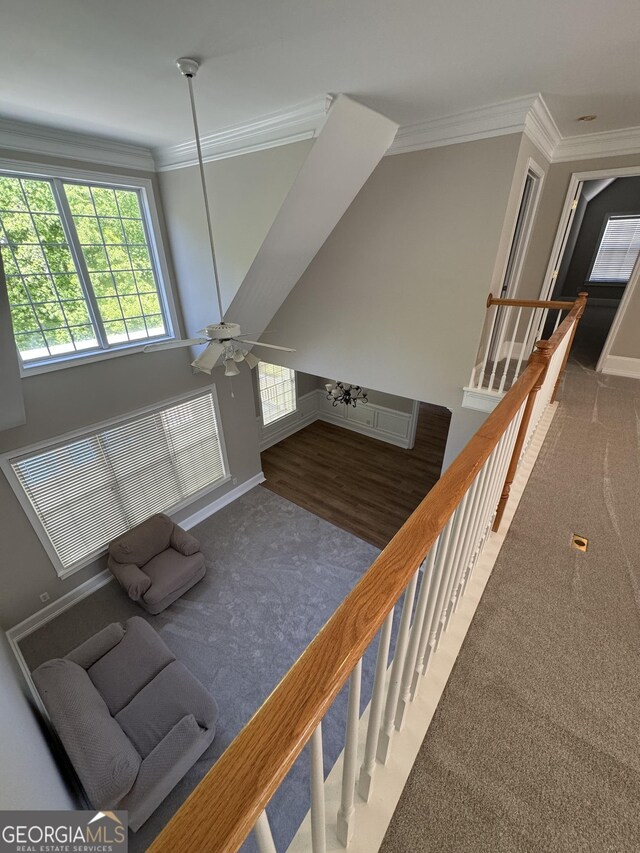 135 Danube Trl, Stockbridge, GA 30281 - carpeted living area with ceiling fan, baseboards, ornamental molding, and plenty of natural light