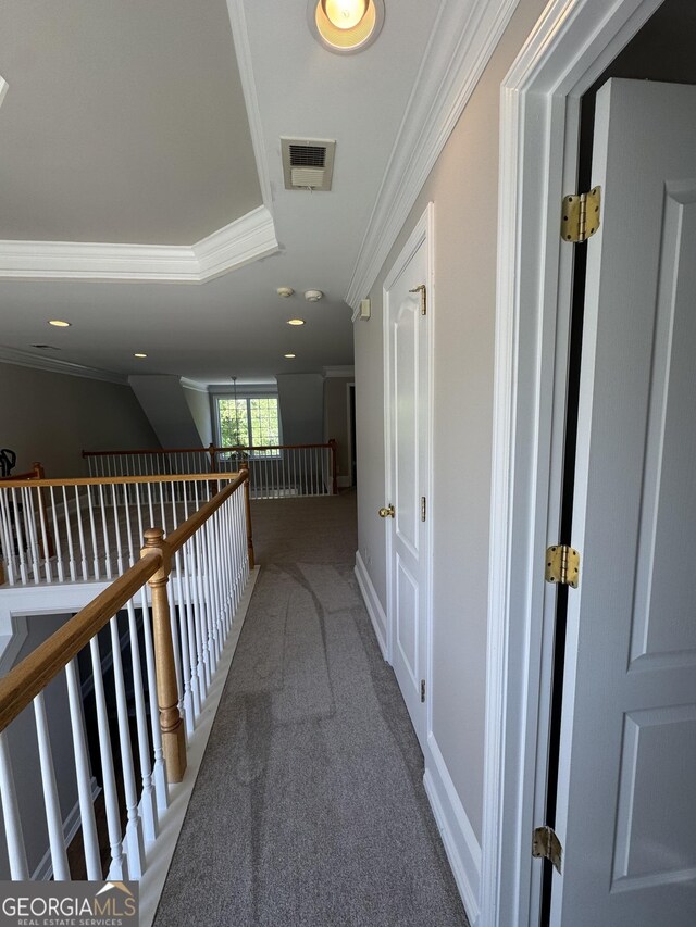 135 Danube Trl, Stockbridge, GA 30281 - hallway with crown molding, carpet, visible vents, and recessed lighting