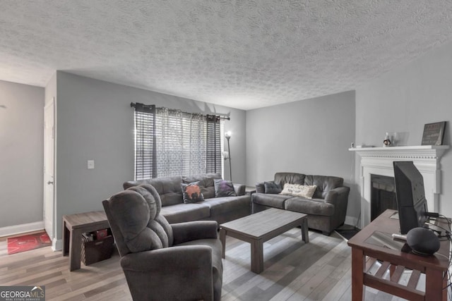2998 Kenville Ln, Decatur, GA 30034 - living room with light wood finished floors, a fireplace with raised hearth, a textured ceiling, and baseboards
