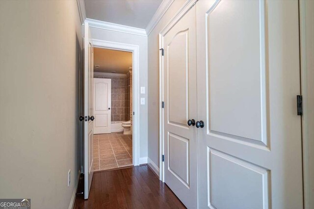 1786 Cambridge Sq, Watkinsville, GA 30677 - corridor featuring dark wood-type flooring, baseboards, and ornamental molding