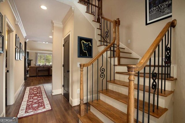 1786 Cambridge Sq, Watkinsville, GA 30677 - stairway with recessed lighting, baseboards, crown molding, and wood finished floors
