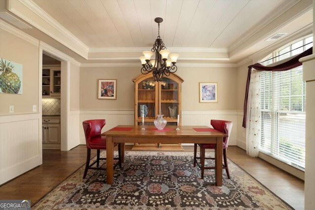 1786 Cambridge Sq, Watkinsville, GA 30677 - dining area with visible vents, a wainscoted wall, an inviting chandelier, and wood finished floors