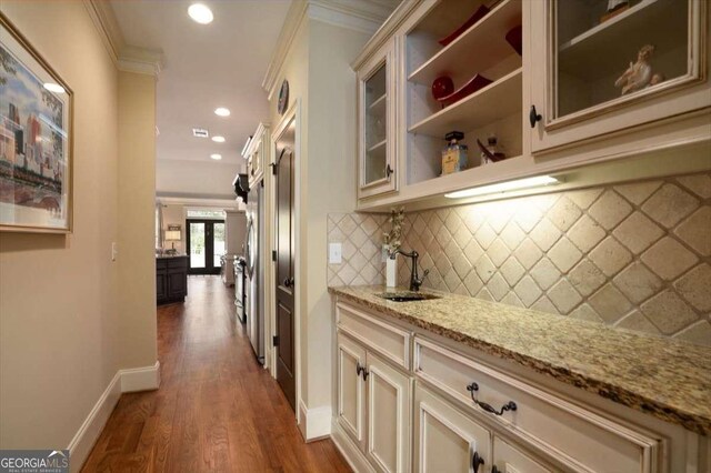 1786 Cambridge Sq, Watkinsville, GA 30677 - hall with ornamental molding, recessed lighting, a sink, baseboards, and dark wood-style floors