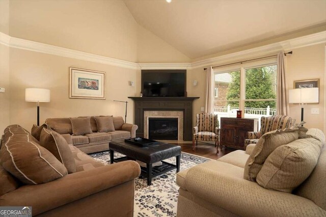1786 Cambridge Sq, Watkinsville, GA 30677 - living room featuring crown molding, wood finished floors, high vaulted ceiling, and a fireplace