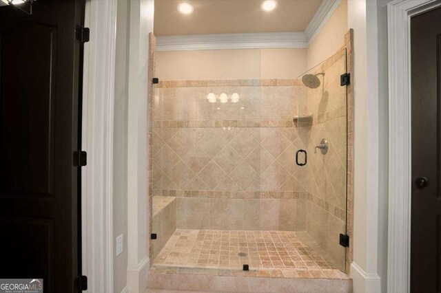 1786 Cambridge Sq, Watkinsville, GA 30677 - bathroom featuring recessed lighting, crown molding, and a stall shower