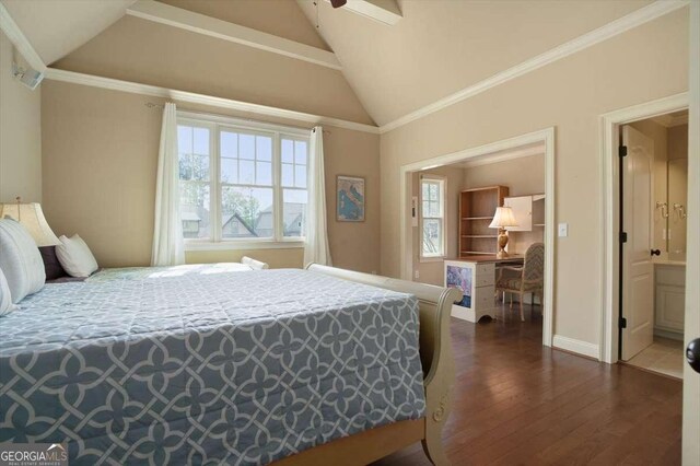 1786 Cambridge Sq, Watkinsville, GA 30677 - bedroom featuring crown molding, baseboards, vaulted ceiling, and dark wood-style floors